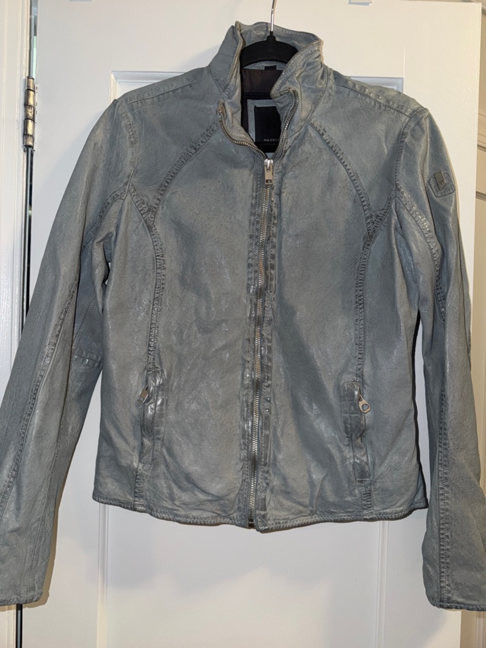 Women’s Gray Leather Zip-Front Jacket